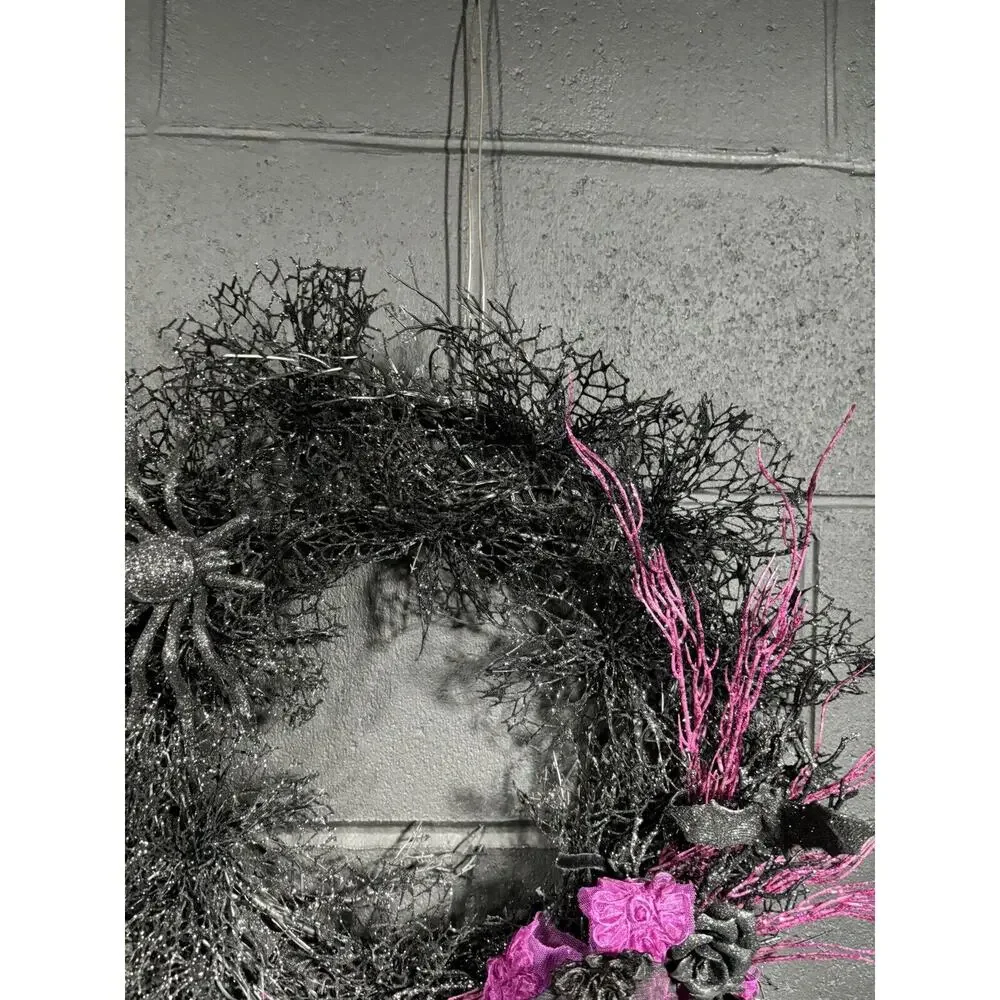Halloween Wreath Black Purple Spiders Skulls Front Door Decor Handmade 20 Inch